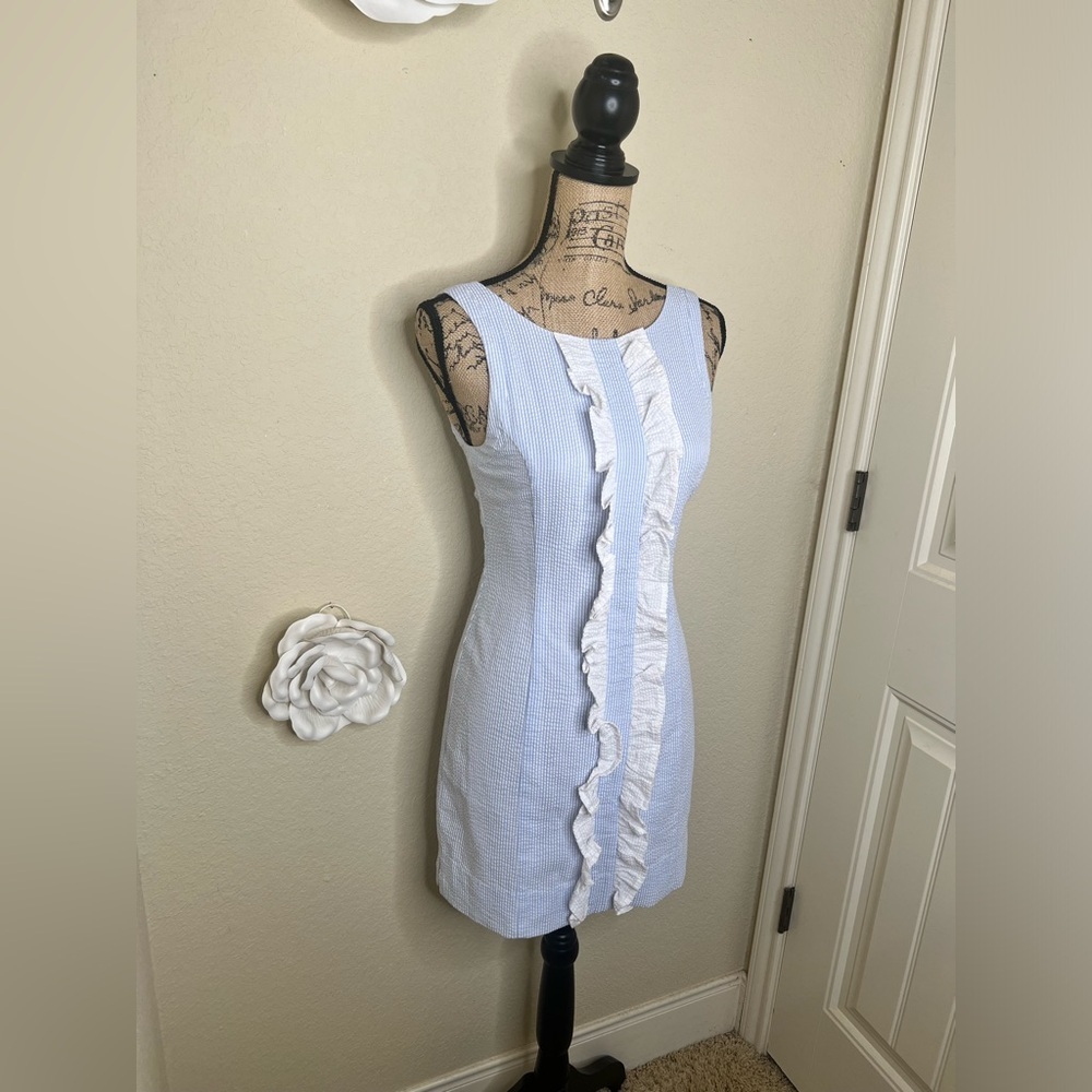 NTM: Lauren James Light Blue & White with Ruffles Seersucker Bailey Dress Sz XS - Picture 6 of 16